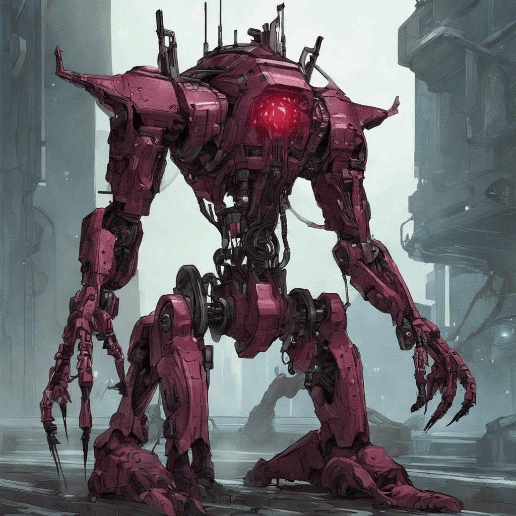 A towering figure, the Thrax Zyborg is a patchwork of ancient alien cybernetics and scavenged robotics. Its limbs are asymmetrical, with one arm ending in a cluster of sharp metallic tendrils and the other a pulsating energy cannon. Malevolence glows in its single, crimson mechanical eye.