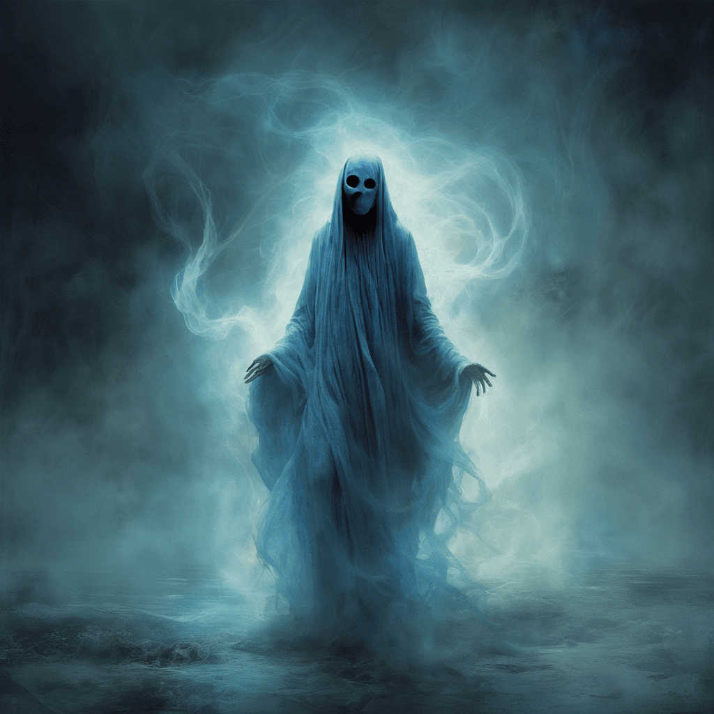 A ghostly figure drifting above the ground, its form shrouded in tattered robes that whisper against the air. Tendrils of mist encircle its body, and its face is hidden behind a mask of eerie beauty, its eyes glowing a haunting azure. It emits a melodic hum that oscillates between beauty and madness.