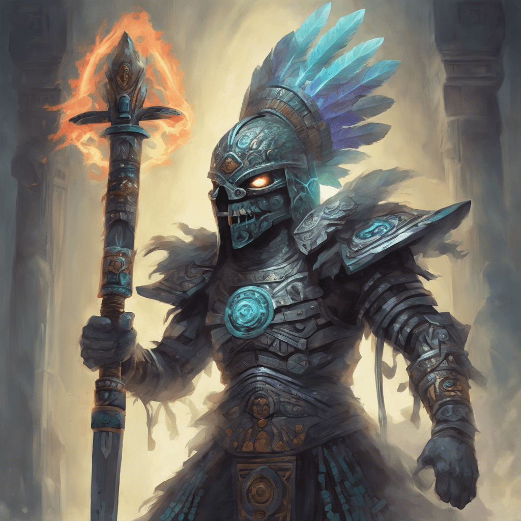 A spectral apparition clad in ancient Aztec armor and wielding a ghostly obsidian sword. Its eyes burn with an otherworldly light, and its presence exudes a chilling aura that freezes the air around it.