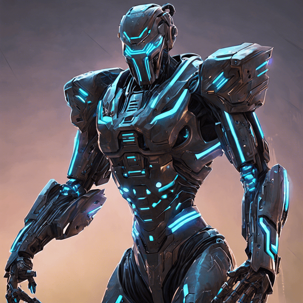 A towering cybernetic humanoid covered in sleek metal plating, glowing neon circuitry, and equipped with advanced weaponry. Its cybernetic enhancements allow it to move with incredible speed and precision, making it a formidable foe in combat.