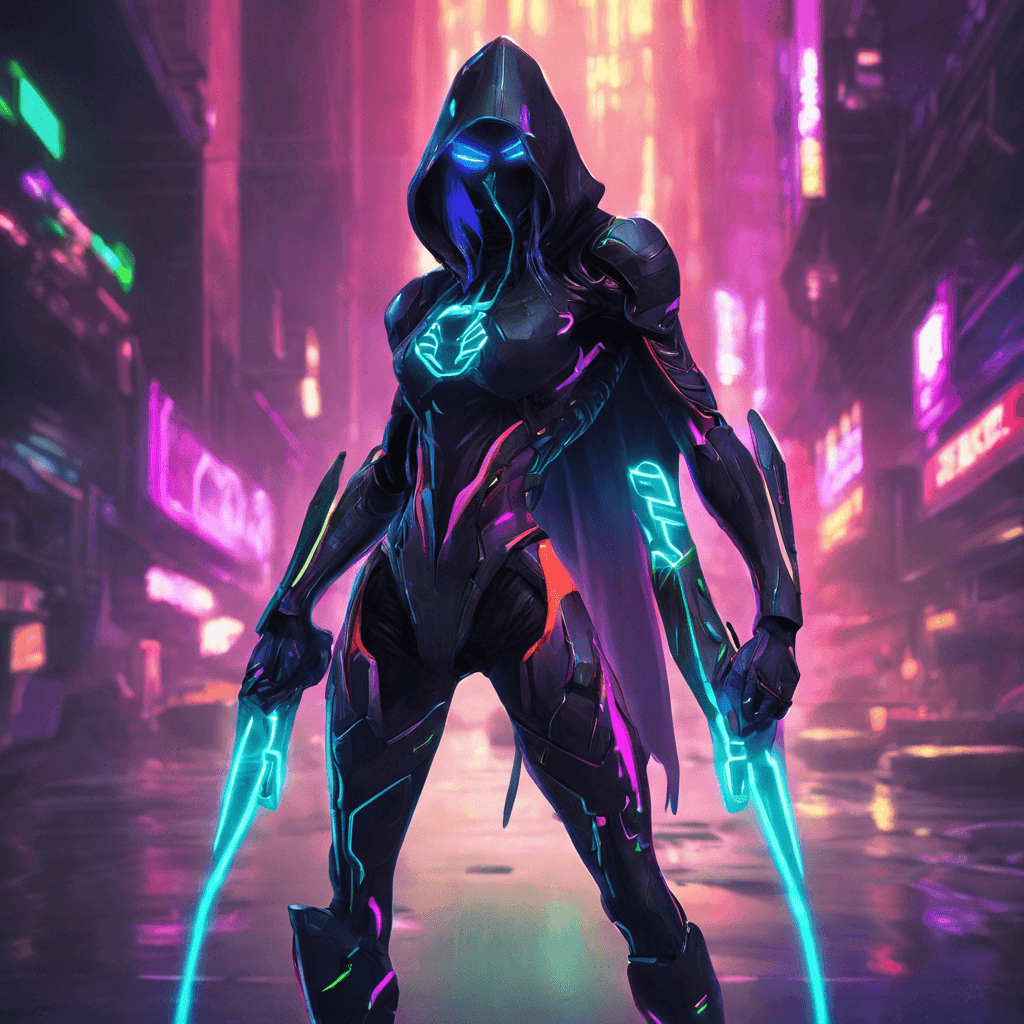 The Neon Cyber Assassin is a sleek and deadly humanoid figure, cloaked in shadow with neon lights running through its cybernetic enhancements. Its eyes glow with a fierce intensity, scanning the surroundings for its next target.