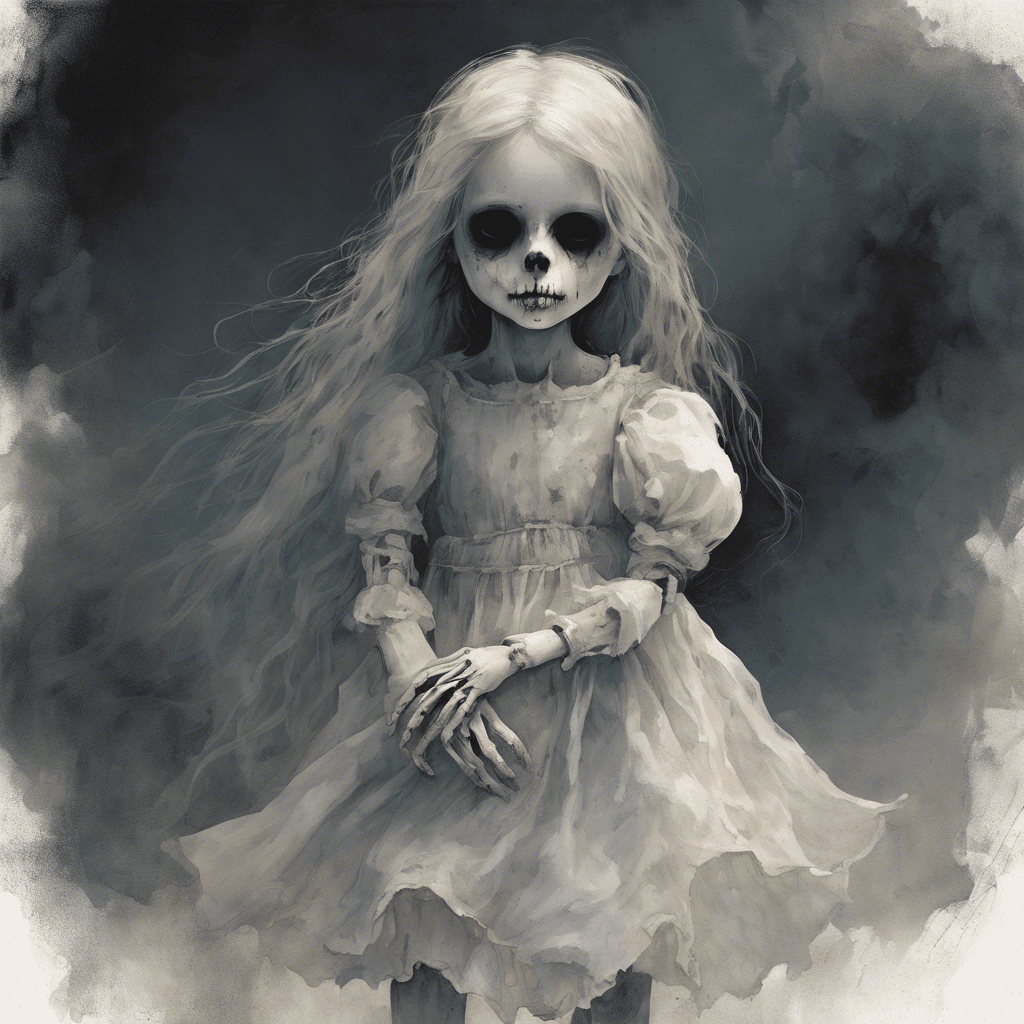 A ghostly figure of a little girl, with pale translucent skin and sorrowful black eyes. Her tattered dress flutters in an ethereal breeze, and her feet never seem to touch the ground. She holds a ragged doll in one skeletal hand.