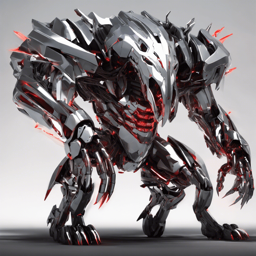 A sleek mechanical beast, its chrome body reflecting the dim light, with optic sensors glowing red and sharp metallic teeth designed for tearing through cybernetic enhancements.