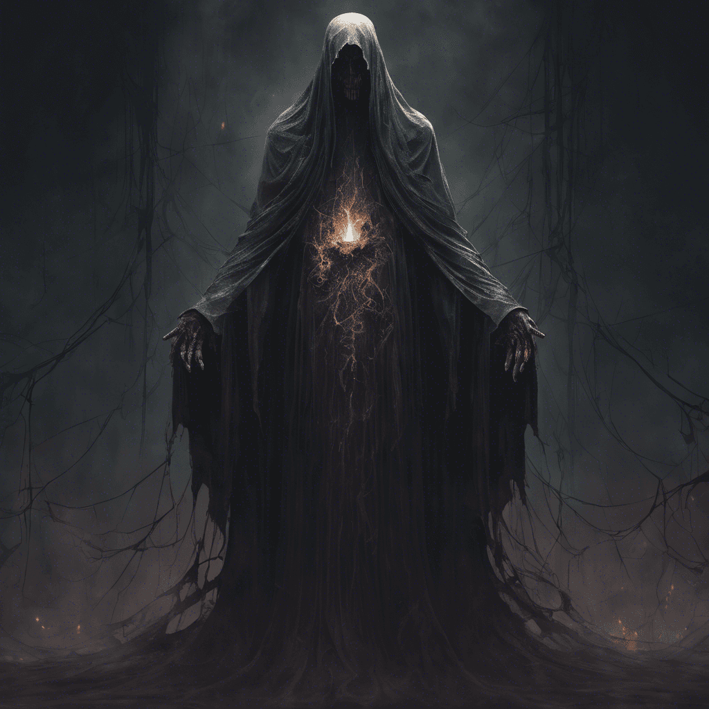 A towering figure, draped in dark, tattered robes that float and flicker with ethereal energy. Its eyes are empty voids that burn with a ghostly light, and its hands crackle with sinister arcane power.