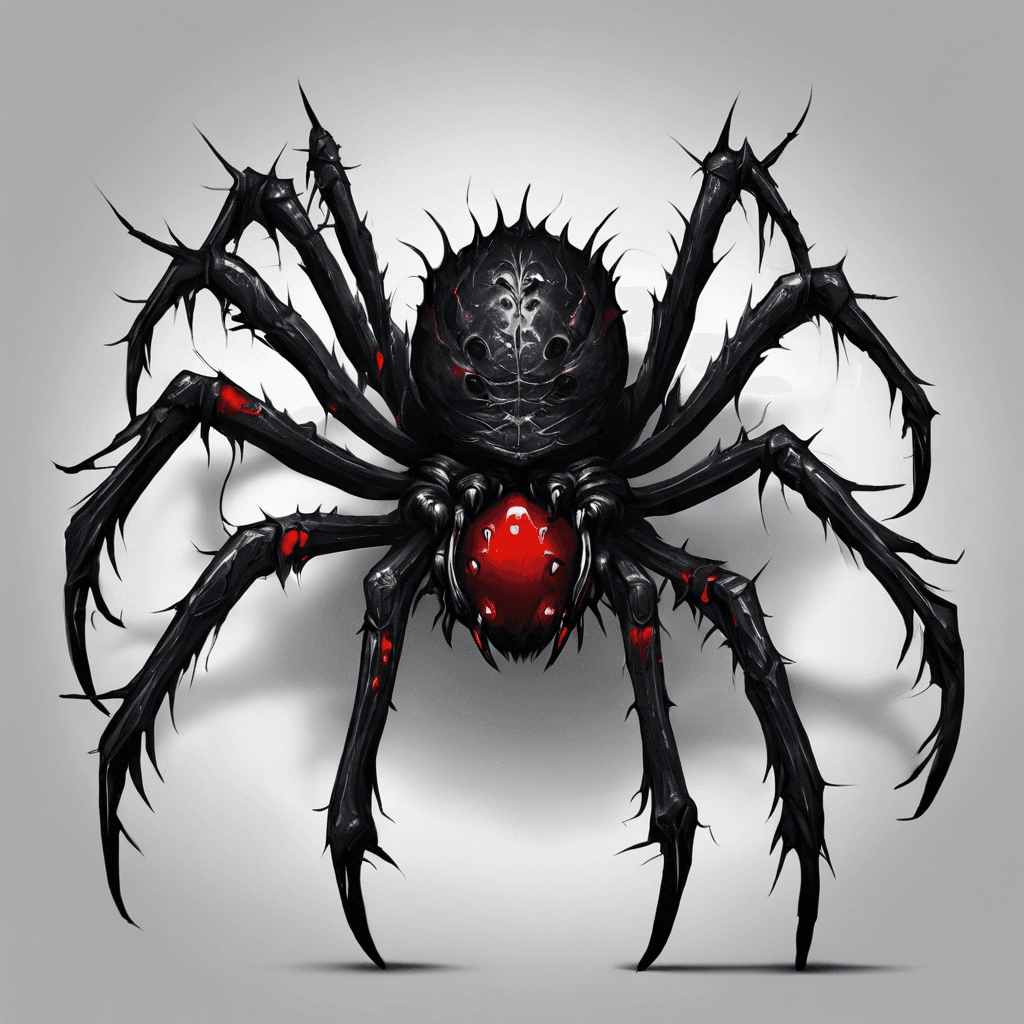 A monstrous spider with deep obsidian color, eight gleaming red eyes, and venom-dripping fangs.