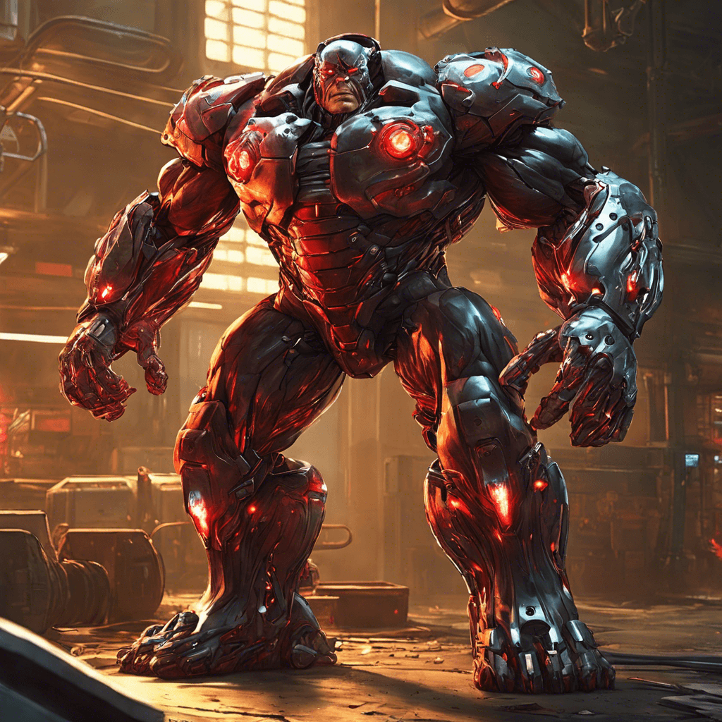 A hulking figure stands over seven feet tall, with a chrome-plated exoskeleton over a muscular frame, glowing red optics for eyes, and arms that transform into lethal plasma cannons.