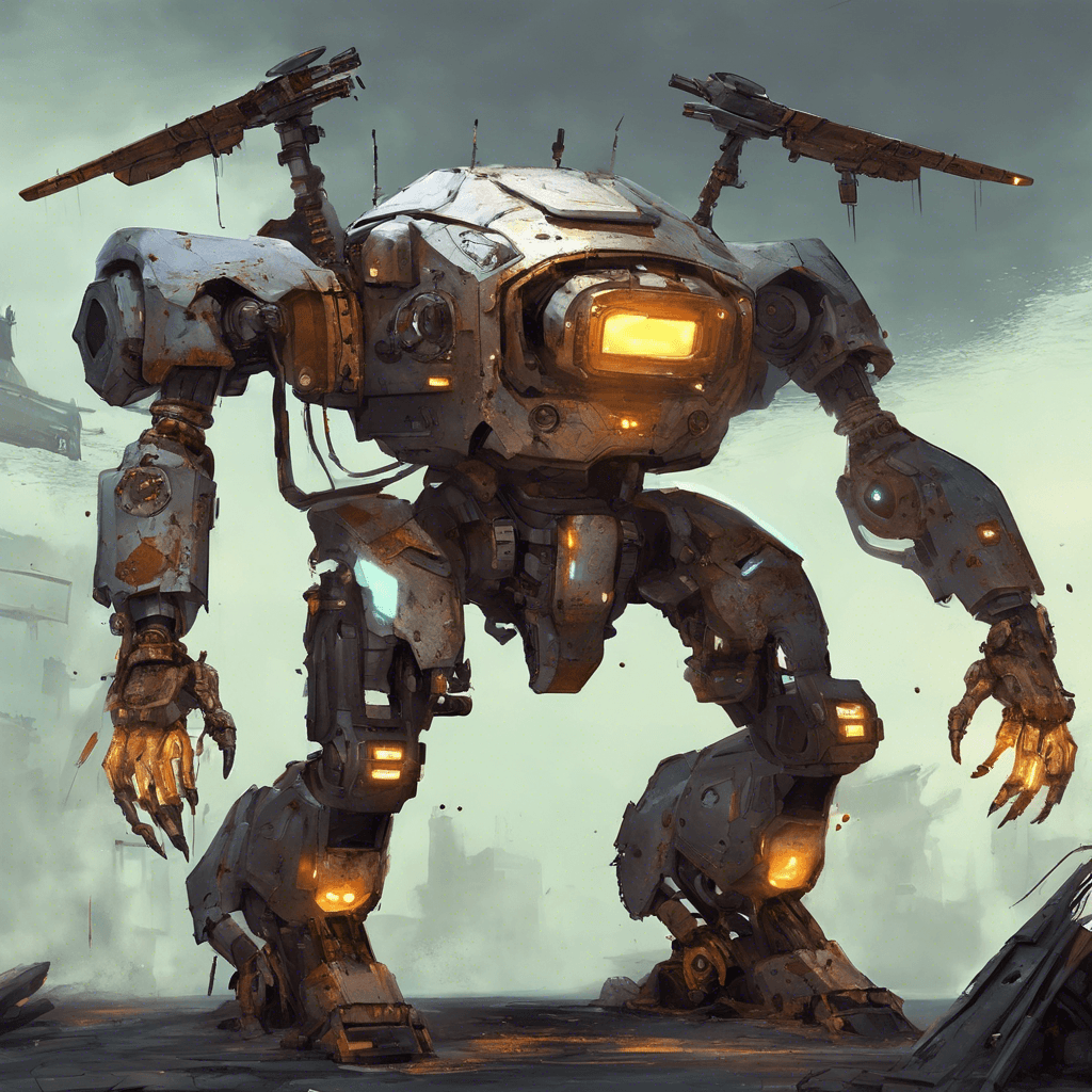 A humanoid-shaped combat drone with patches of rust spreading across its metallic surface; glowing cracks in its armor where the corrupt signal pulses visibly, and its arms end in an assortment of tools and weaponry.