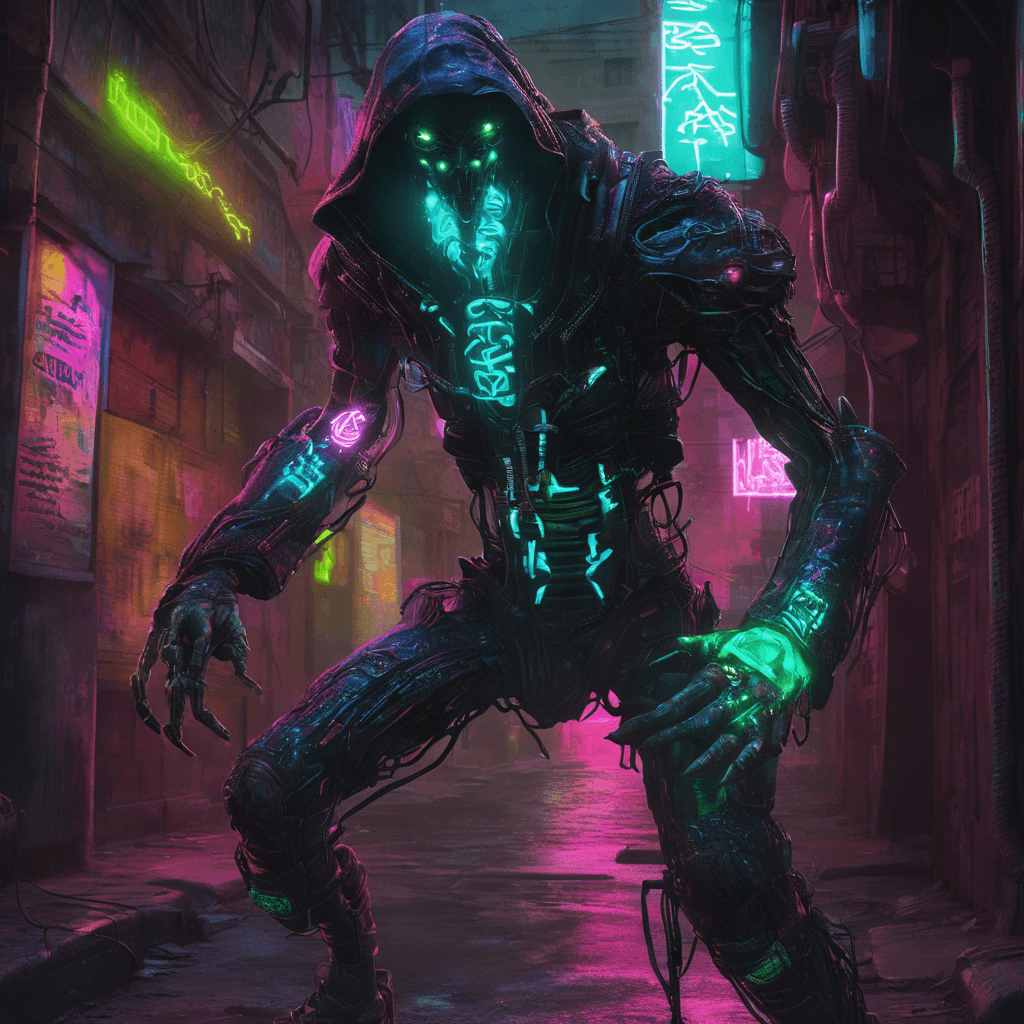 The Neon Revenant is a humanoid figure cloaked in flickering neon lights, casting an eerie glow in the dark cyberpunk alleyways. Its body is a patchwork of advanced cybernetic enhancements, giving it enhanced agility and strength. The Neon Revenant emanates a sense of dread and malice, a haunting combination of man and machine.