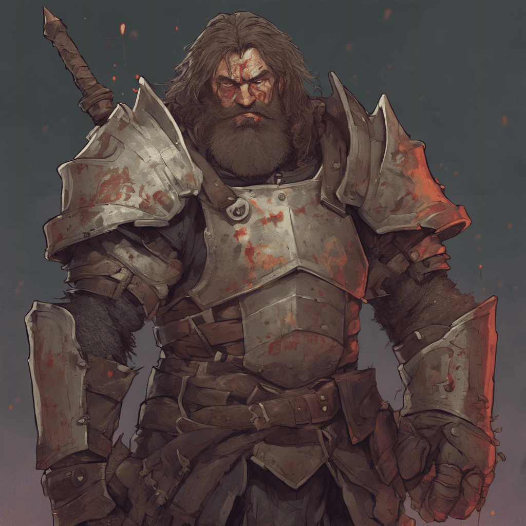 A burly figure with unkempt hair, clad in mismatched armor pieces suggesting a tumultuous past. The stench of alcohol lingers around them, and their eyes are bloodshot and unfocused.  