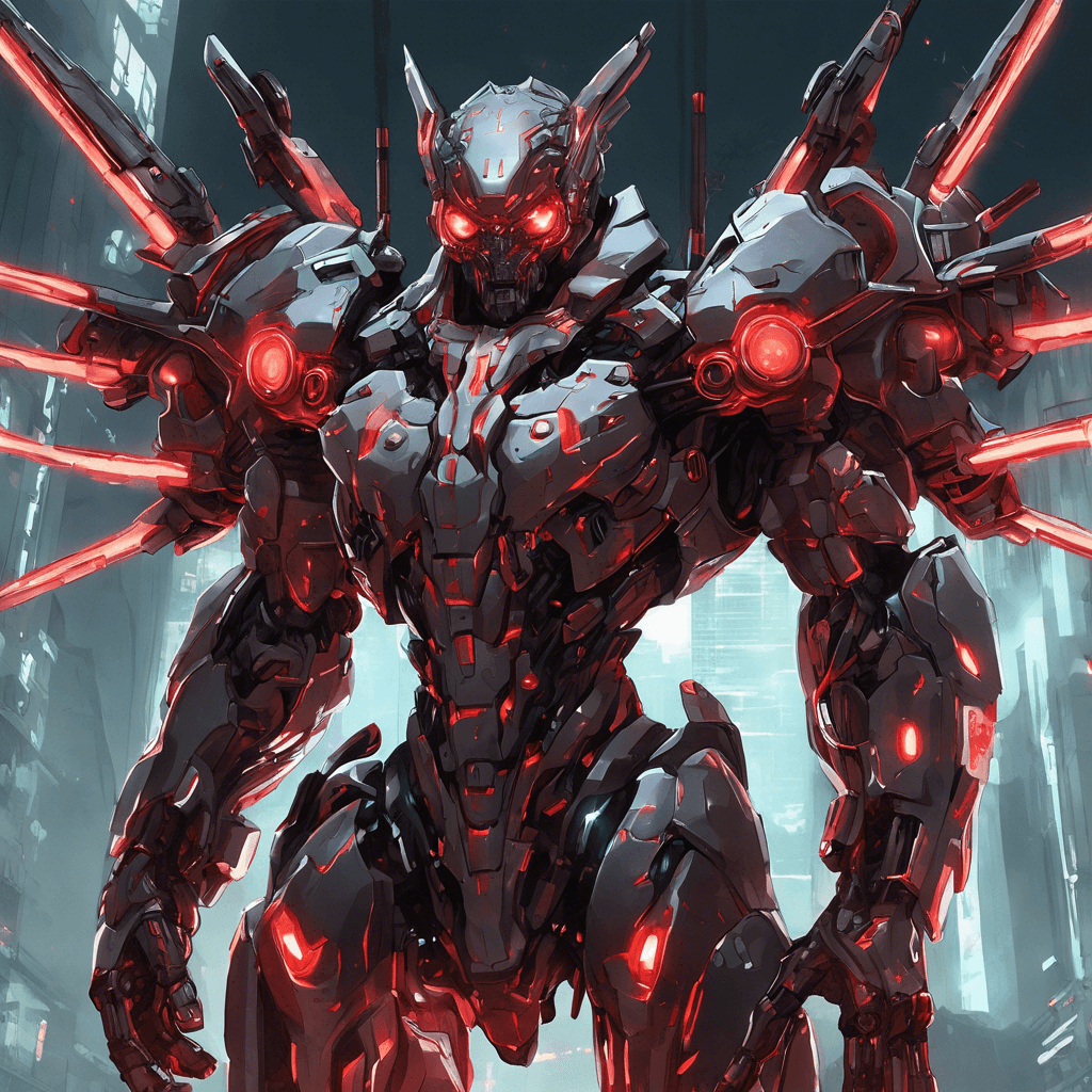 A towering figure clad in reflective cybernetic armor, glowing red eyes, with various weapons integrated into its limbs, hydraulic sounds accompanying each movement, exuding a menacing aura.