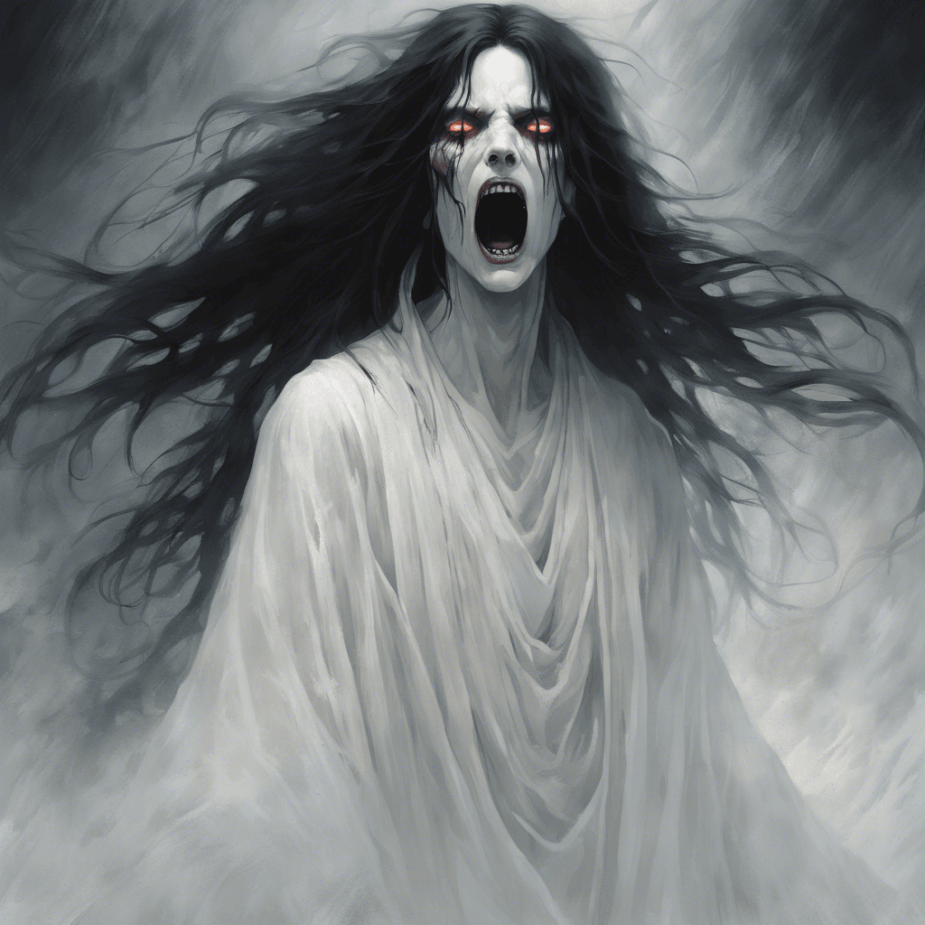 A pale, ethereal entity with long, flowing black hair and tattered white robes that seem to merge with the fog around it. Its eyes are hollow pits of despair, and its mouth is wide open, emitting a perpetual silent scream.