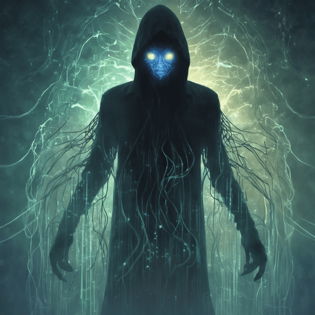 A shadowy figure shrouded in digital mist, with glowing code-stream eyes and tendrils of corrupt data spiraling off its ethereal form.