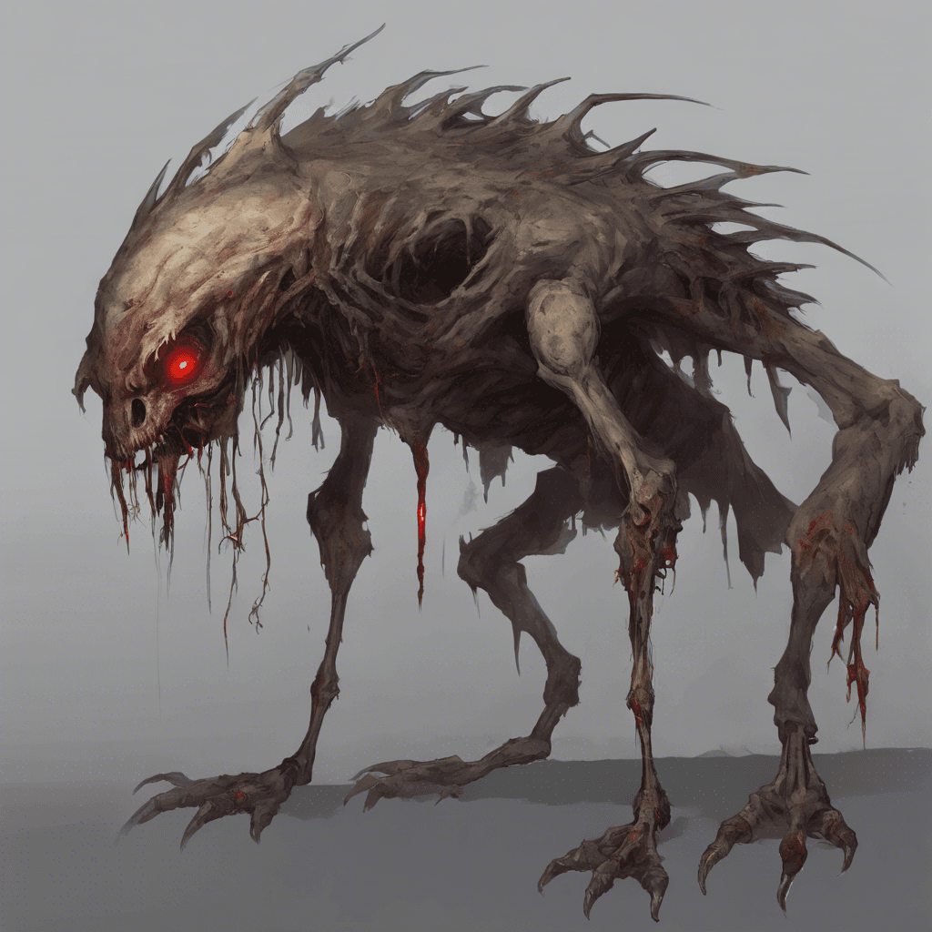 A hunched creature with pallid, sickly skin stretched over its bony frame. It has glowing red eyes and elongated fingers tipped with sharp claws, tattered rags hanging off its body.