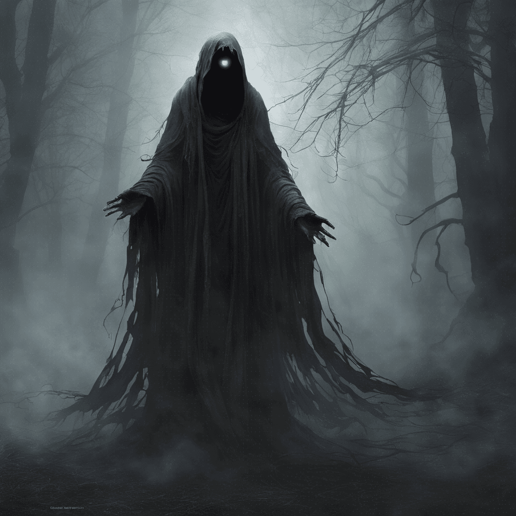 The Wraith is a shadowy figure clad in tattered robes, its features shrouded in darkness. Its eyes glow with an eerie light, and its presence chills the air around it. Wisps of fog seem to twist and coil around its form, adding to its ghostly appearance.