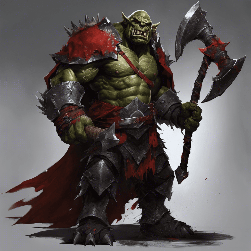 A towering orc, scarred and battle-hardened, with blackened iron armor and a blood-red cape. He carries a massive battle-axe imbued with dark magic, and his eyes blaze with fury and command.