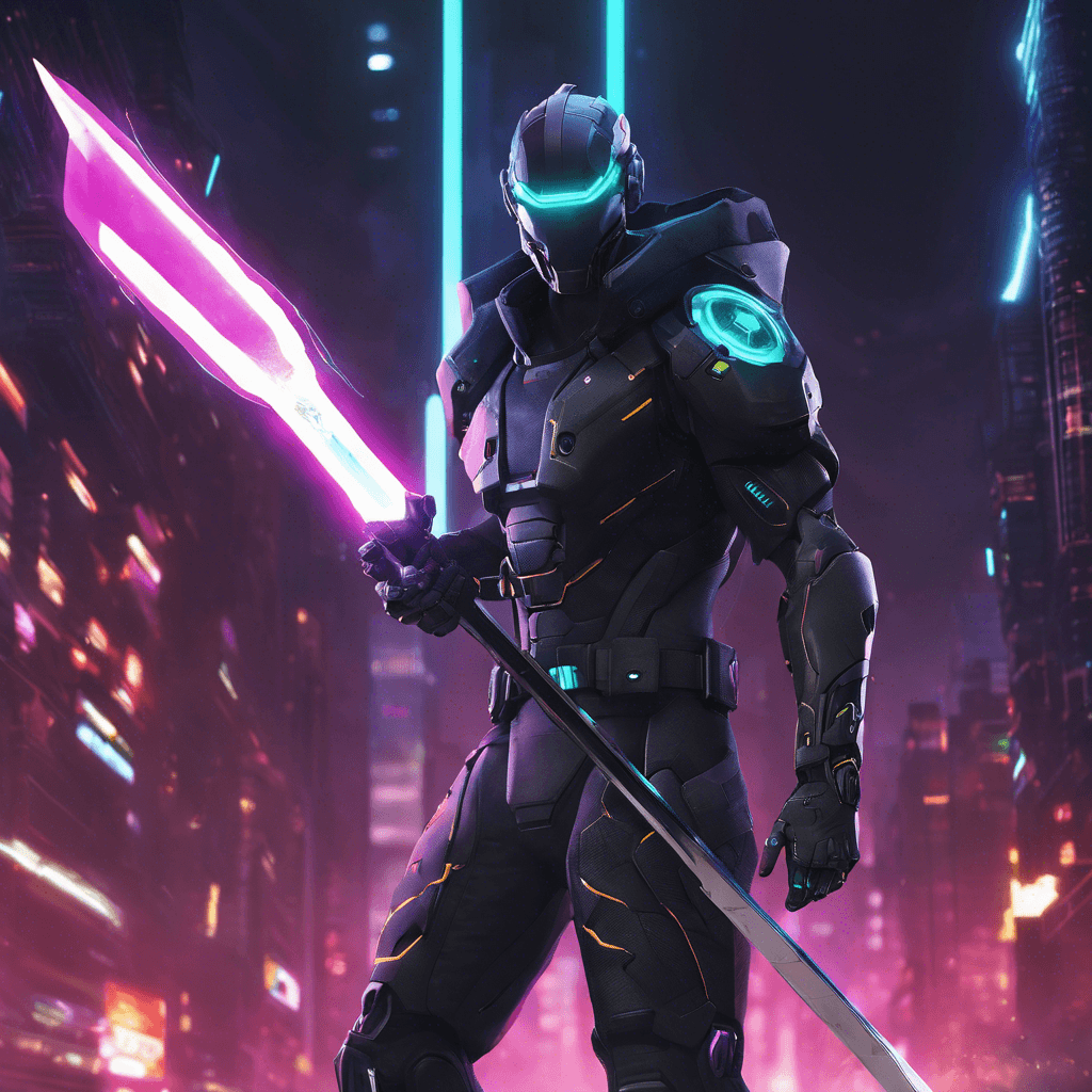 A tall figure clad in matte black tactical gear with cybernetic enhancements. Across its face is a glowing neon visor that scans the environment vigilantly. In his hands, a shimmering nano-edge sword hums with electric current.