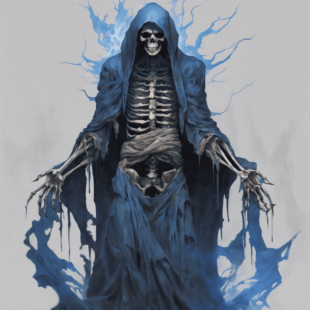 A towering figure draped in tattered robes that billow around an emaciated frame. Skeletal hands extend from ragged sleeves, and within the hollows of its hood, two piercing blue flames flicker where its eyes should be.