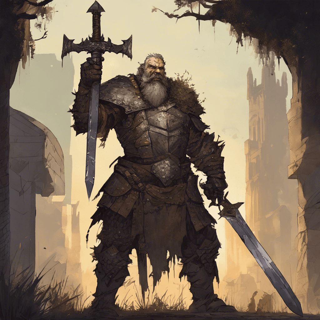 A towering brute of a man with a weathered face, overgrown beard, and a scar running down his left cheek. His heavy leather armor is studded with iron, and he brandishes a large, cruelly serrated sword that gleams menacingly in the dying light.