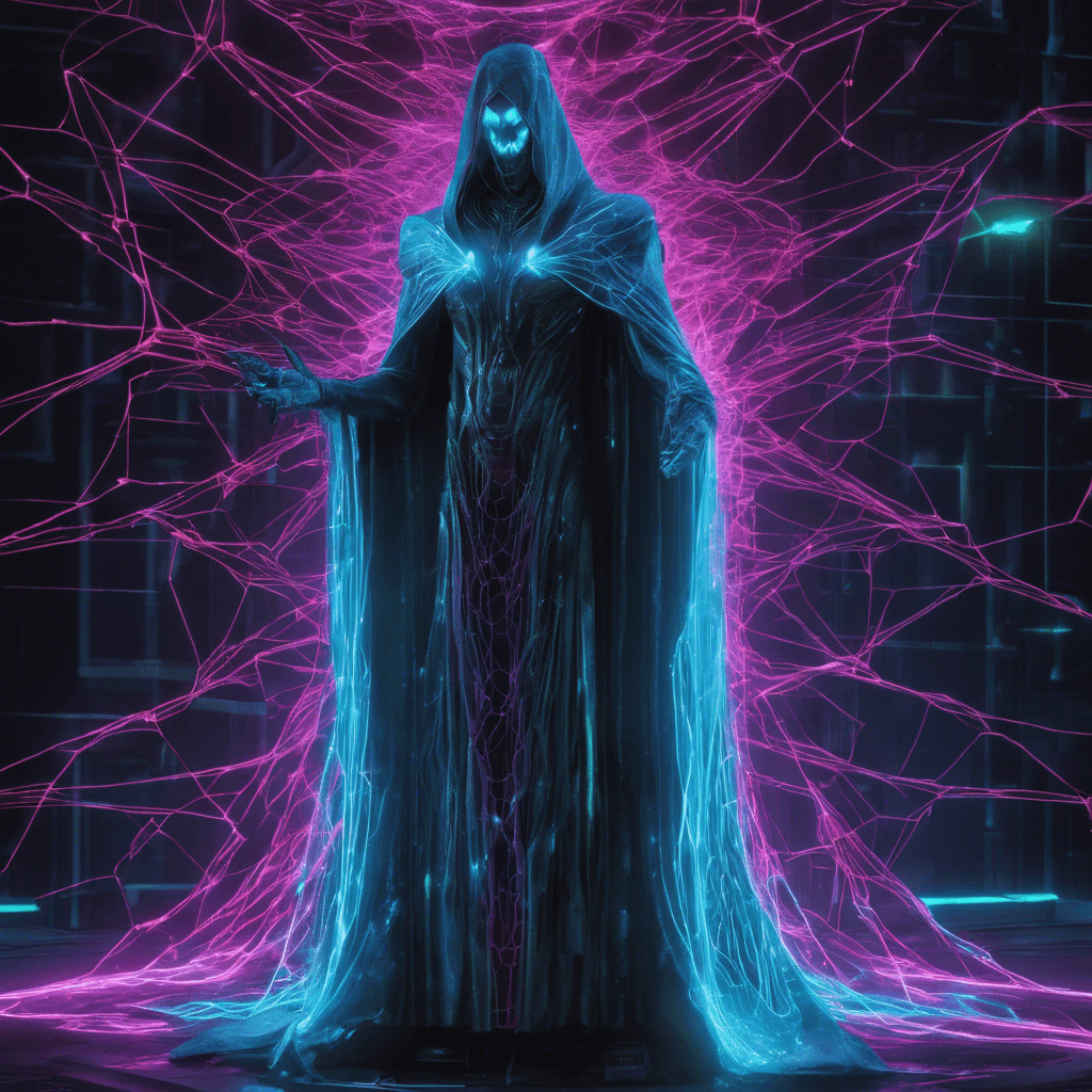 A towering figure shrouded in flickering holograms and pulsating lights, the Neon Wraith's form is partly translucent, revealing a web of cybernetic enhancements beneath a cloak of pure data streams.