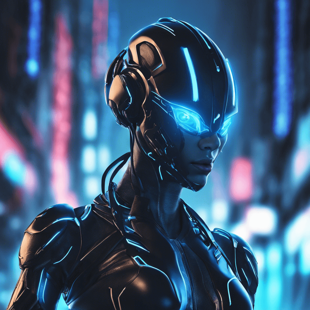 A slender figure draped in stealth-enhanced cyberwear, eyes glowing with a neon blue hue behind a visored helmet. Wires and circuitry intertwine with their limbs, and a mono-molecular blade extends from their cybernetic forearm.