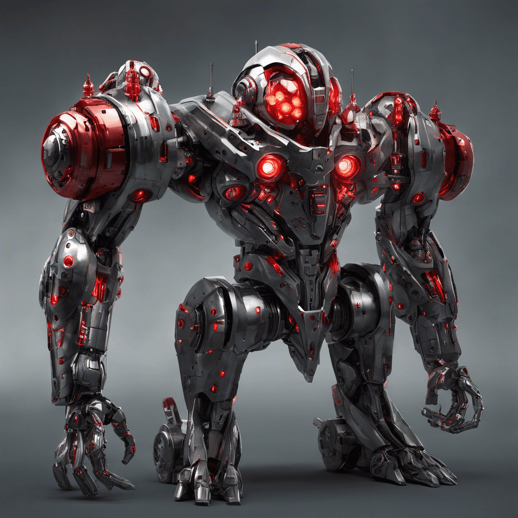 A towering mechanoid with gleaming red optics and limbs of polished gunmetal. Its body is adorned with blinking sensors, and it wields an arm-cannon charged with pulsating energy.