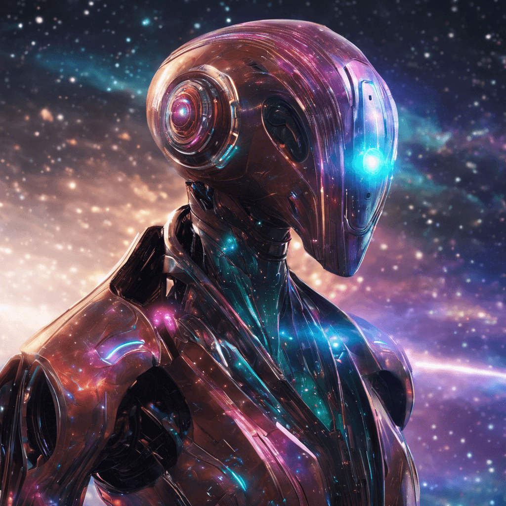 The Nebula Droid is a sleek and advanced robotic entity, shimmering with the colors of a distant nebula. Its metallic body is adorned with glowing energy circuits, pulsating with power. As it moves, trails of stardust follow in its wake, creating a mesmerizing yet deadly sight.