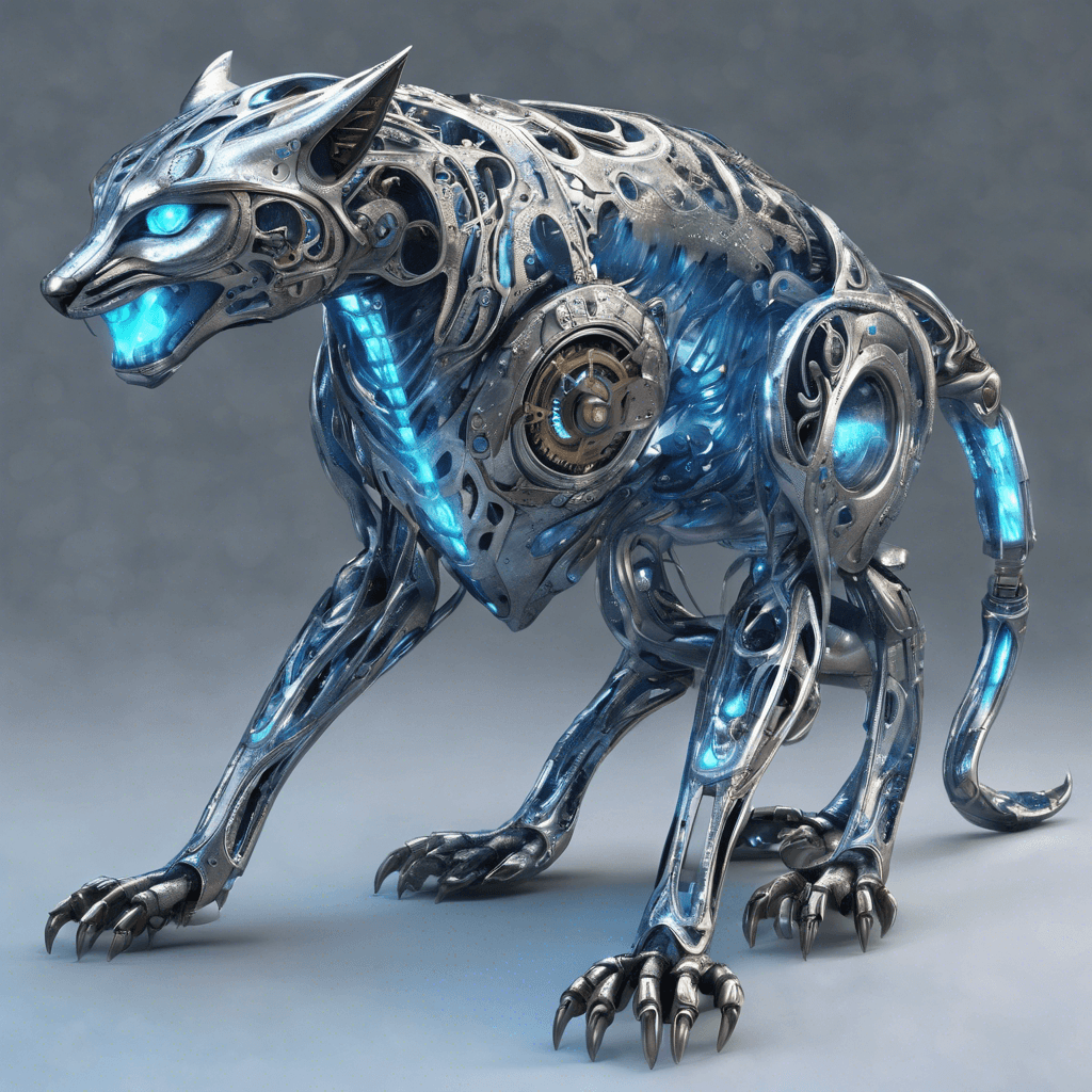 A metallic creature with a sleek and streamlined body reminiscent of a large predatory feline. Its eyes glow with a haunting blue light, and its limbs are adorned with shimmering time-dials. Instead of fur, it has a radiant silver skin that seems to warp the light around it, giving it an ethereal presence. Gears and clockwork mechanisms are visible beneath its translucent outer layer, ticking in an unsettling rhythm.