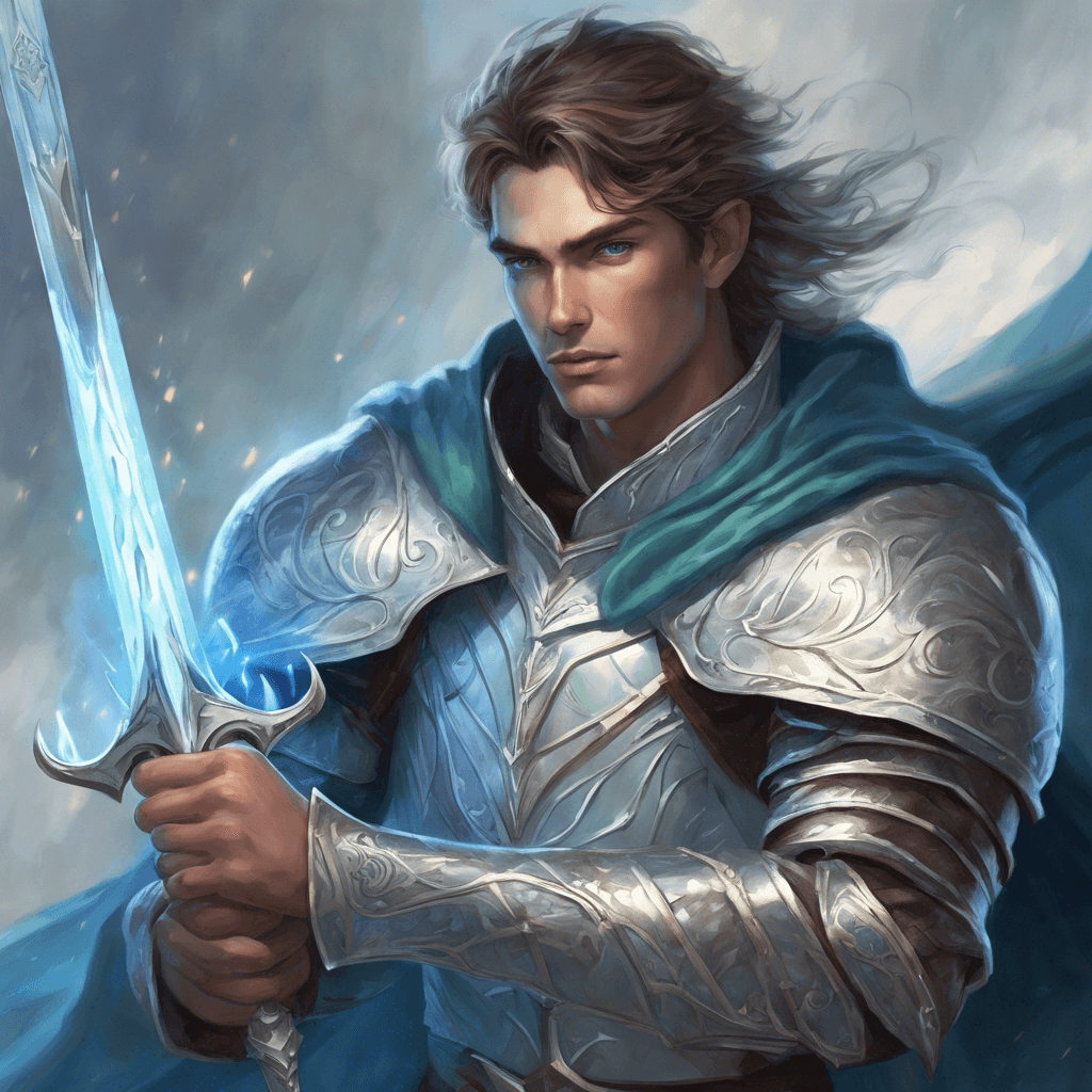 A valiant prince with sharp elven features, wearing a gleaming mithril armor and a cloak billowing in the wind. He wields a long, enchanted sword that glows with a light blue hue, ready to defend his kingdom.