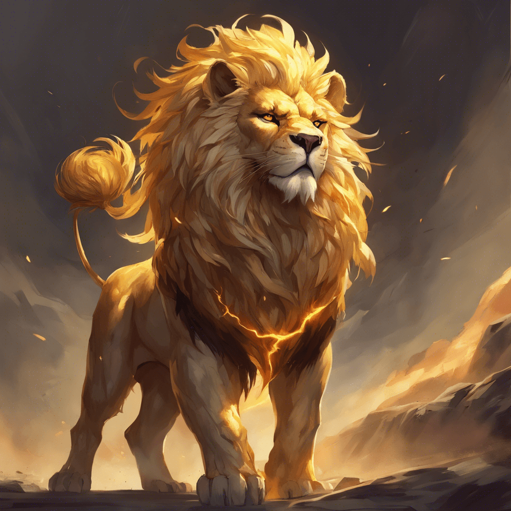 A massive lion with golden fur that seems impervious to weapons, a fearsome mane that glows like fire, and eyes that burn with the ferocity of the sun.