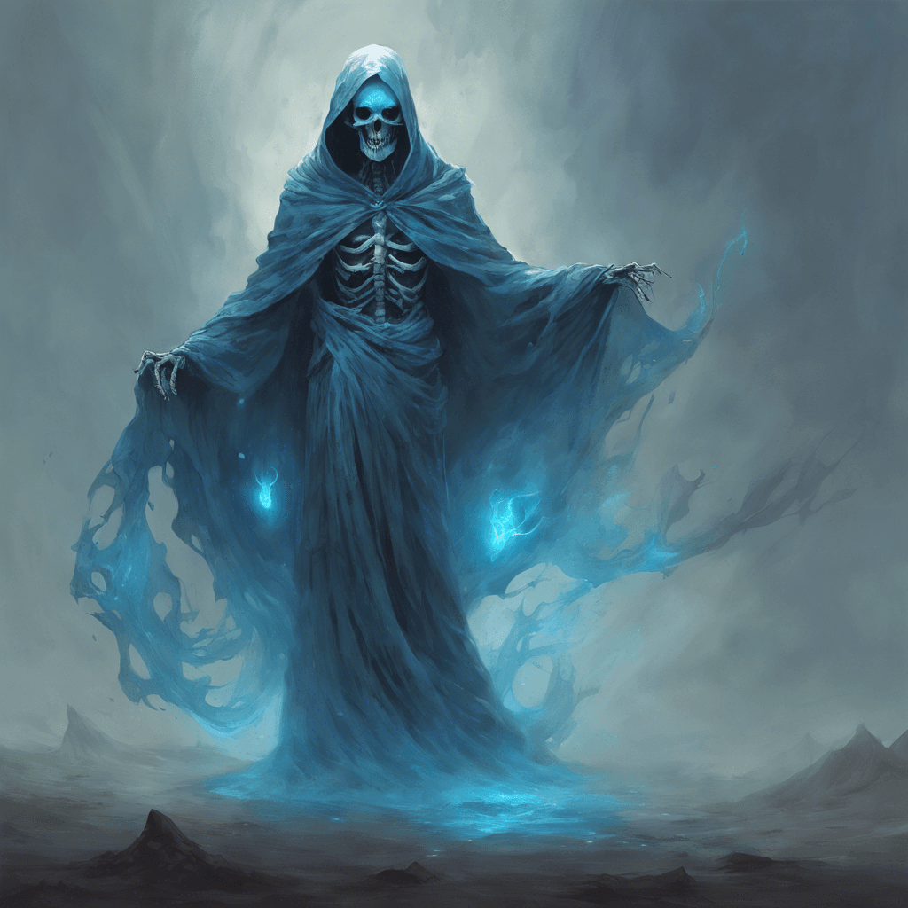 A spectral figure with pallid skin stretched over skeletal features, tattered robes fluttering as if caught in a non-existent wind, and eyes glowing a ghastly blue. It floats above the ground, its wails reverberating through the air.