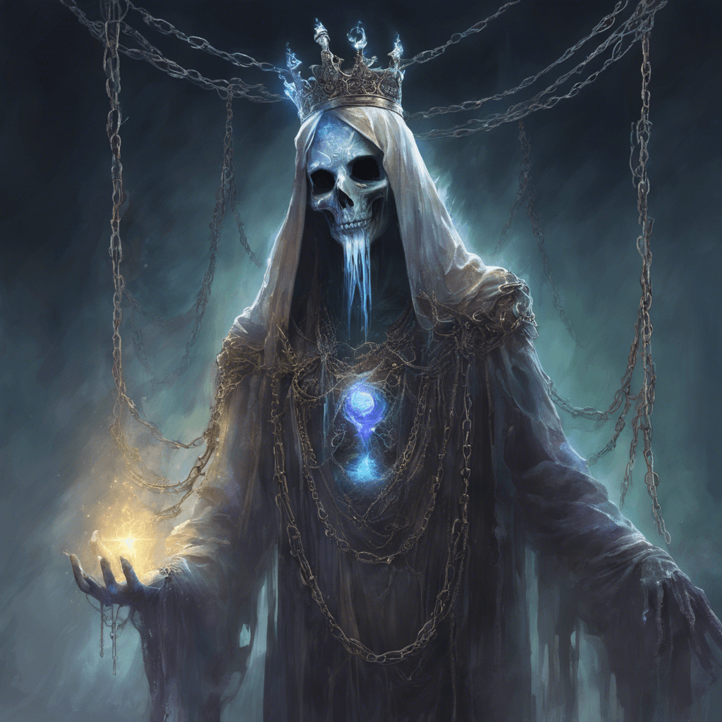 A ghastly apparition, ethereal and shimmering, draped in tattered royal garb. It hovers above the ground, chains clinking as they drag, its hollow eyes glowing with a spectral light.