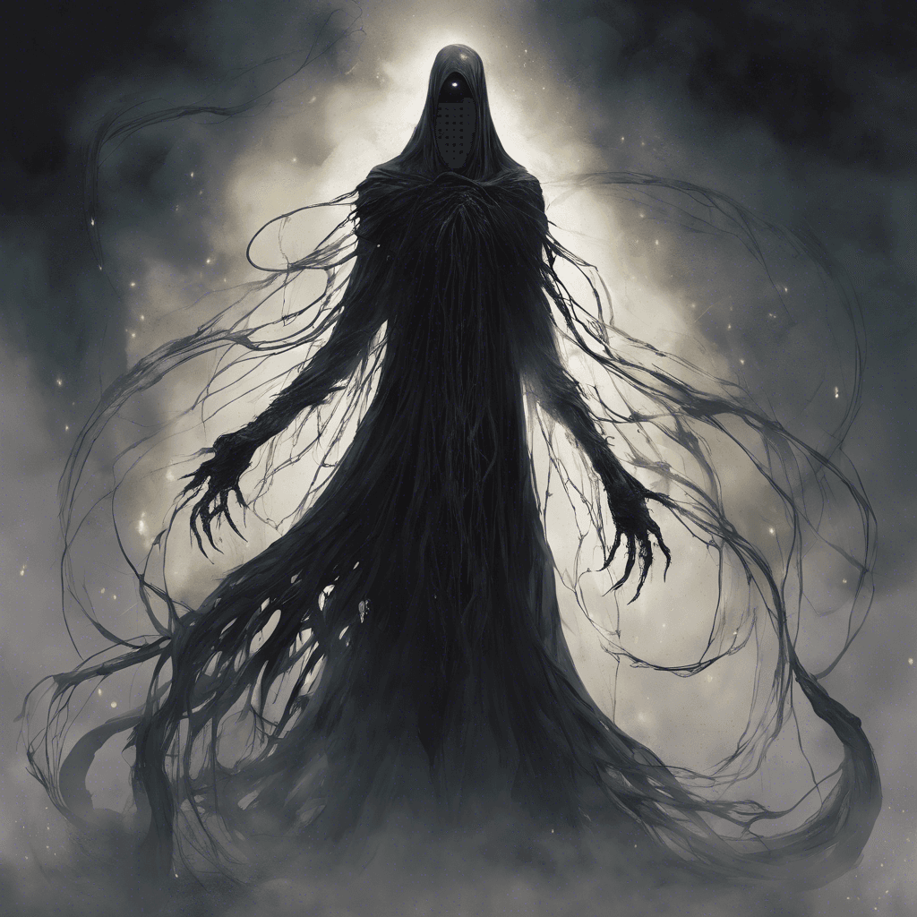 A towering, ethereal figure cloaked in wisps of darkness. Its eyes are glowing pits of malevolence, and elongated shadowy tendrils whip around its form aggressively.