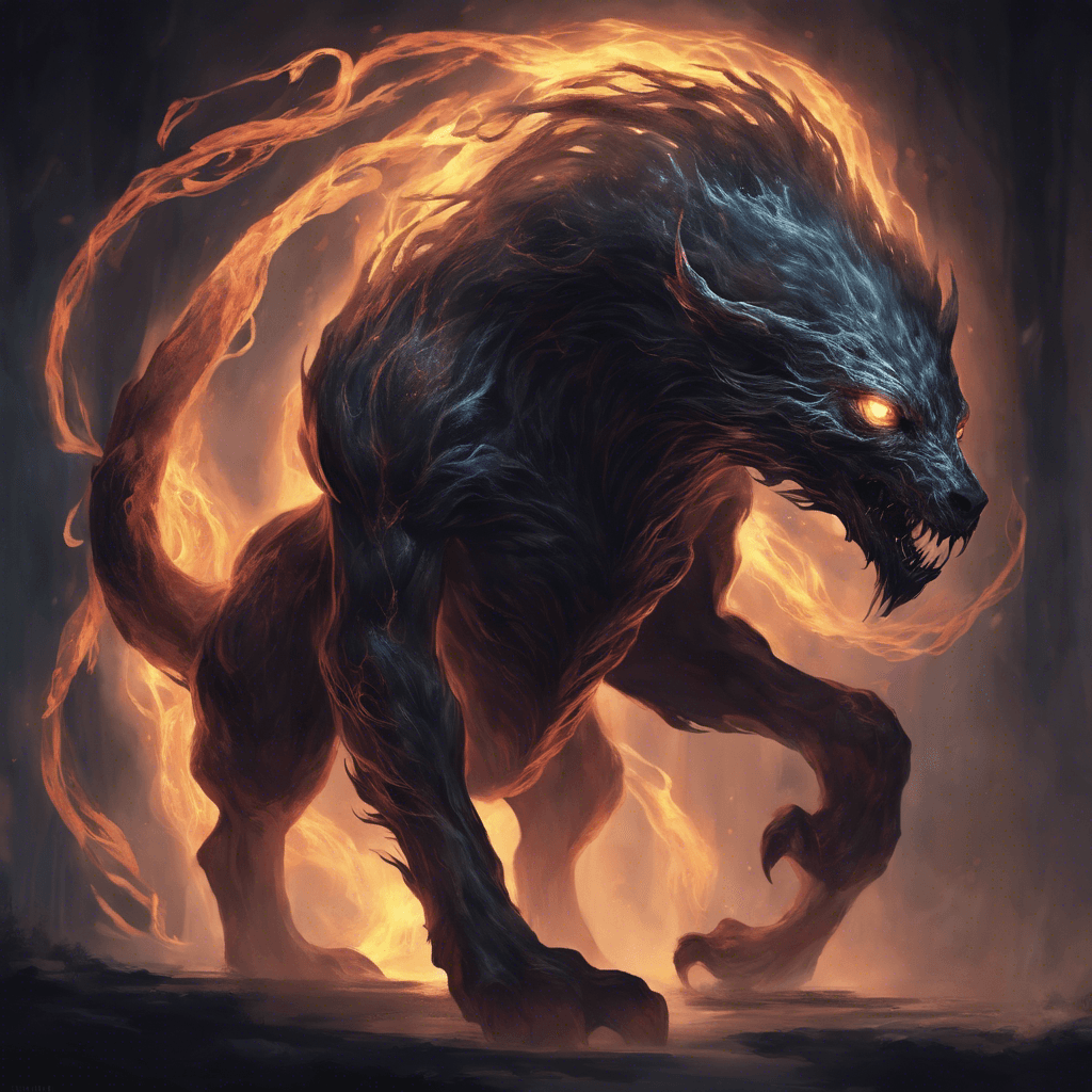 A spectral beast with eyes glowing like embers, ethereal tendrils of darkness swirling around its agile, shadowy form. Cloaked in shades of the night, it moves with a predatory grace.