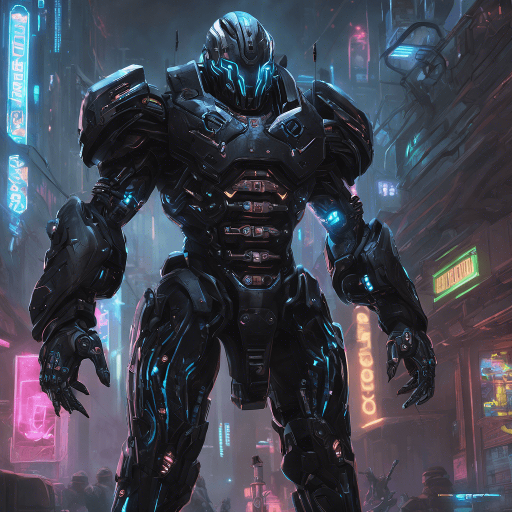 The Cybernetic Enforcer is a menacing figure clad in sleek, black armor adorned with glowing neon circuits. Its eyes are replaced with cybernetic implants, gleaming with a cold, calculated intelligence. As it approaches, you can hear the whirring of hidden mechanical mechanisms beneath its surface, ready to strike at a moment's notice.