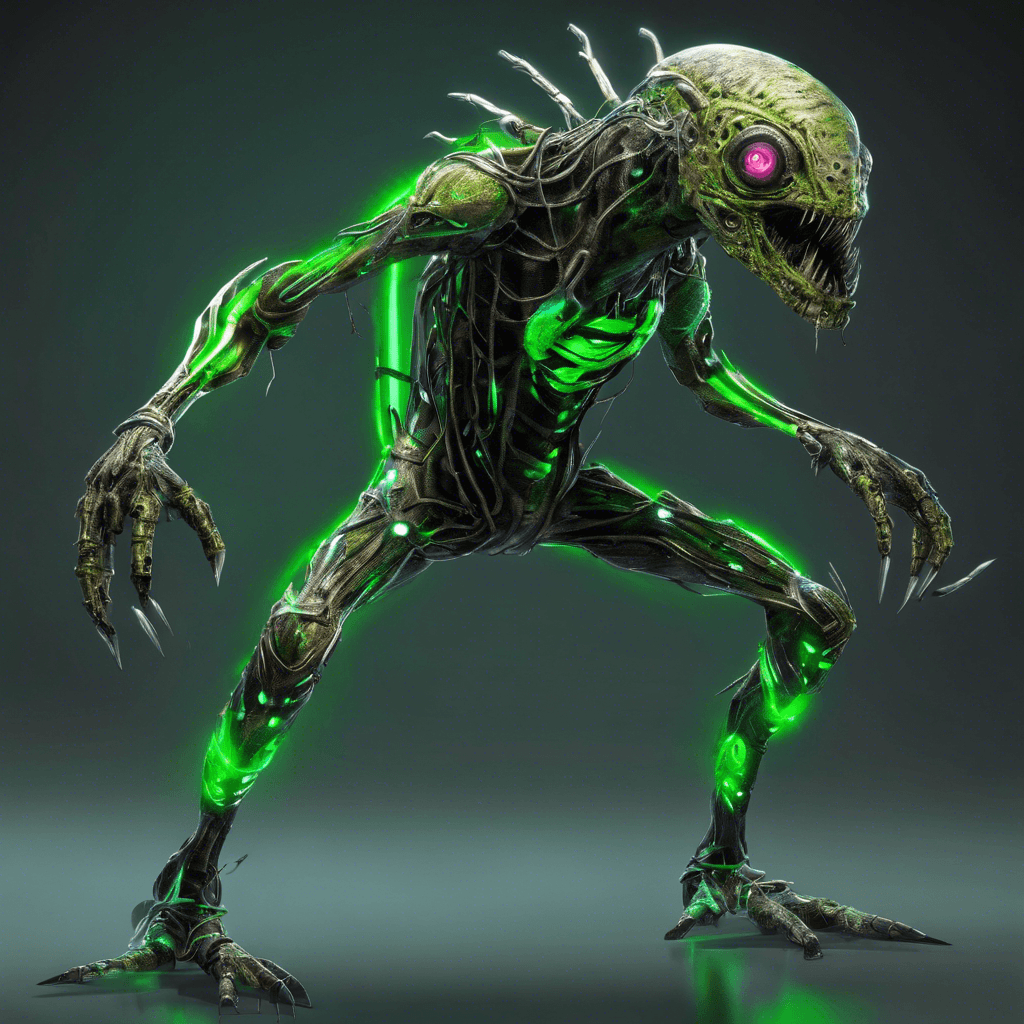 A wiry, sinewy creature with neon-green cybernetic enhancements running along its limbs and an array of stolen biotech grafted onto its scaly skin. Its eyes have been replaced by flickering digital scanners, and it wields a crude, spark-shooting stun baton.