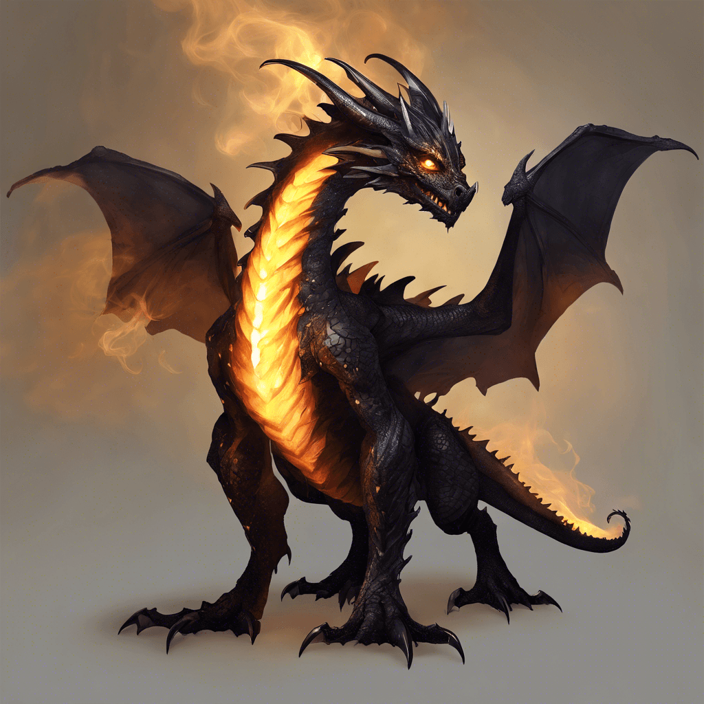 A dragon-like creature of smaller stature than its legendary kin, with smoke trailing from its nostrils and scales that glisten like onyx stones under the firelight. It has large, leathery wings folded against its back, and its eyes glow with a feral, amber light.