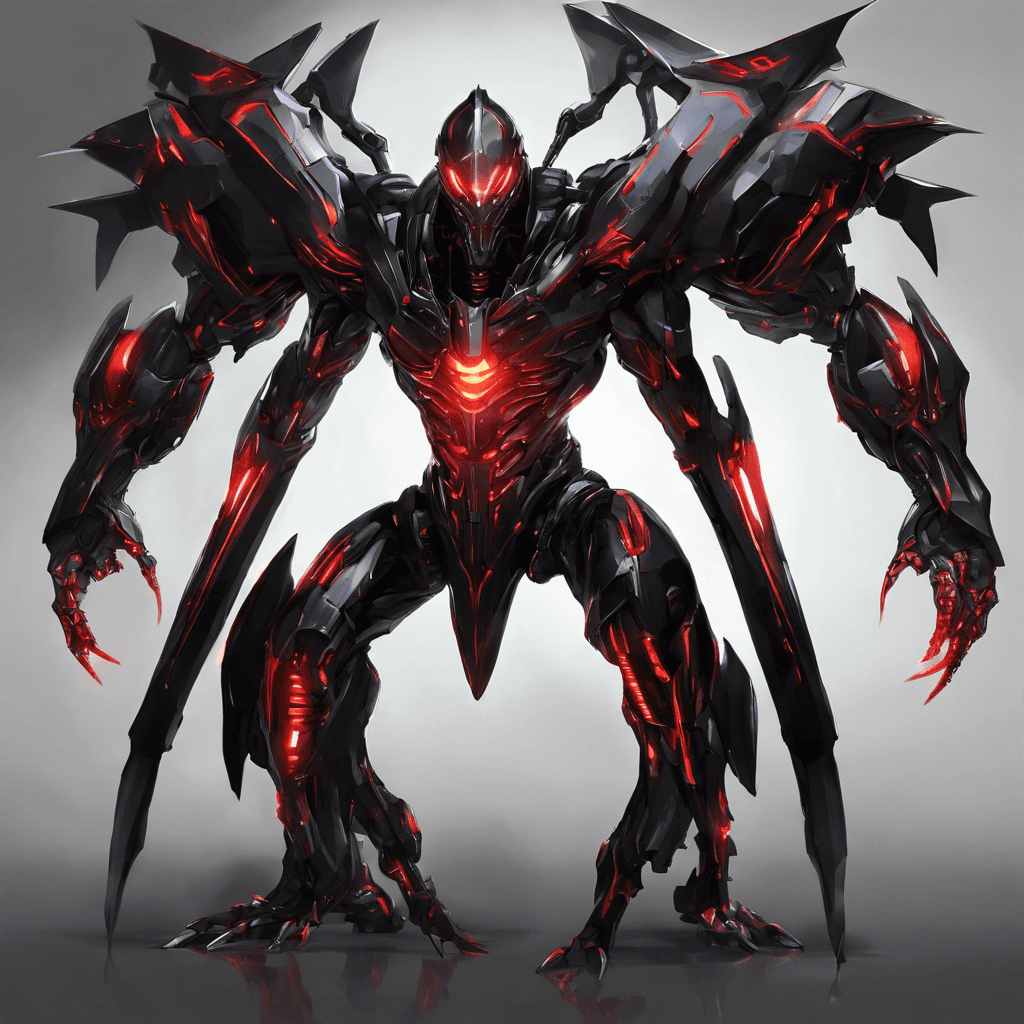 A towering figure clad in sleek, black cybernetic armor with glowing red accents. Its body is a fusion of metal and flesh, exuding an intimidating presence. Sharp appendages extend from its arms, ready to strike at a moment's notice.