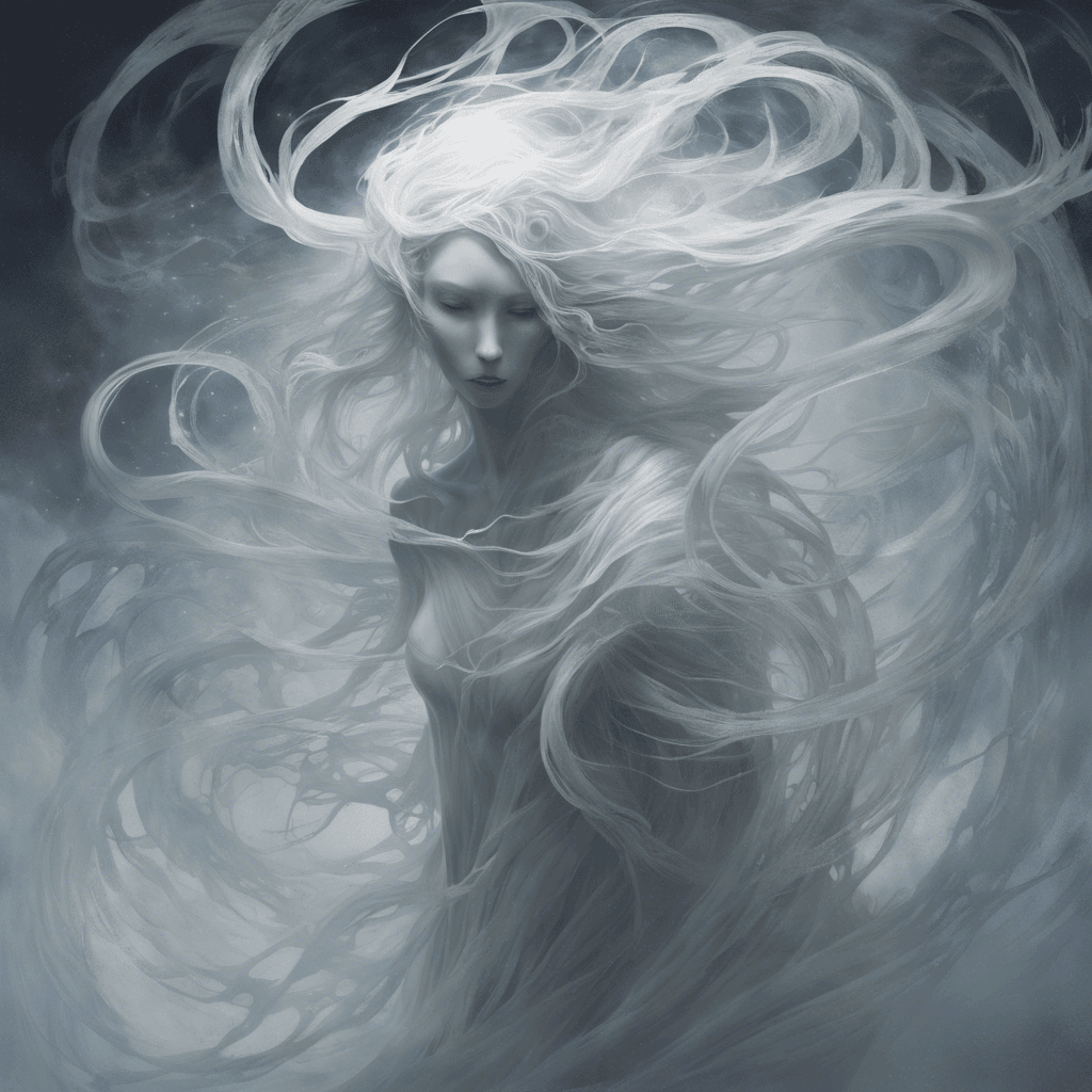 A shadowy figure with shimmering, semi-translucent skin, its eyes hollow yet blindingly white. Ethereal tendrils of mist swirl around its form, and the air grows colder in its presence.