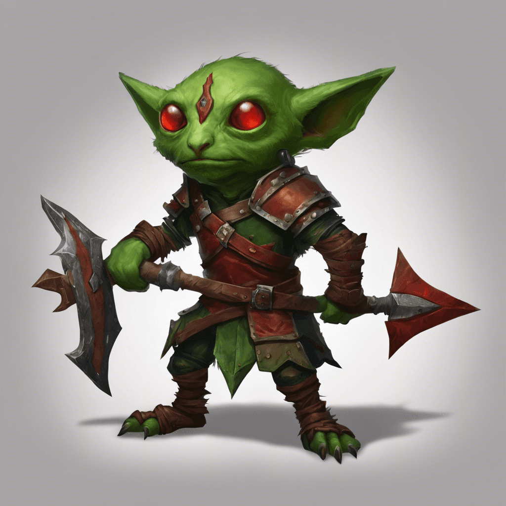 A small green-skinned creature with beady red eyes, sharp pointy ears, and ragged leather armor. It carries a rusty scimitar and a makeshift wooden shield.