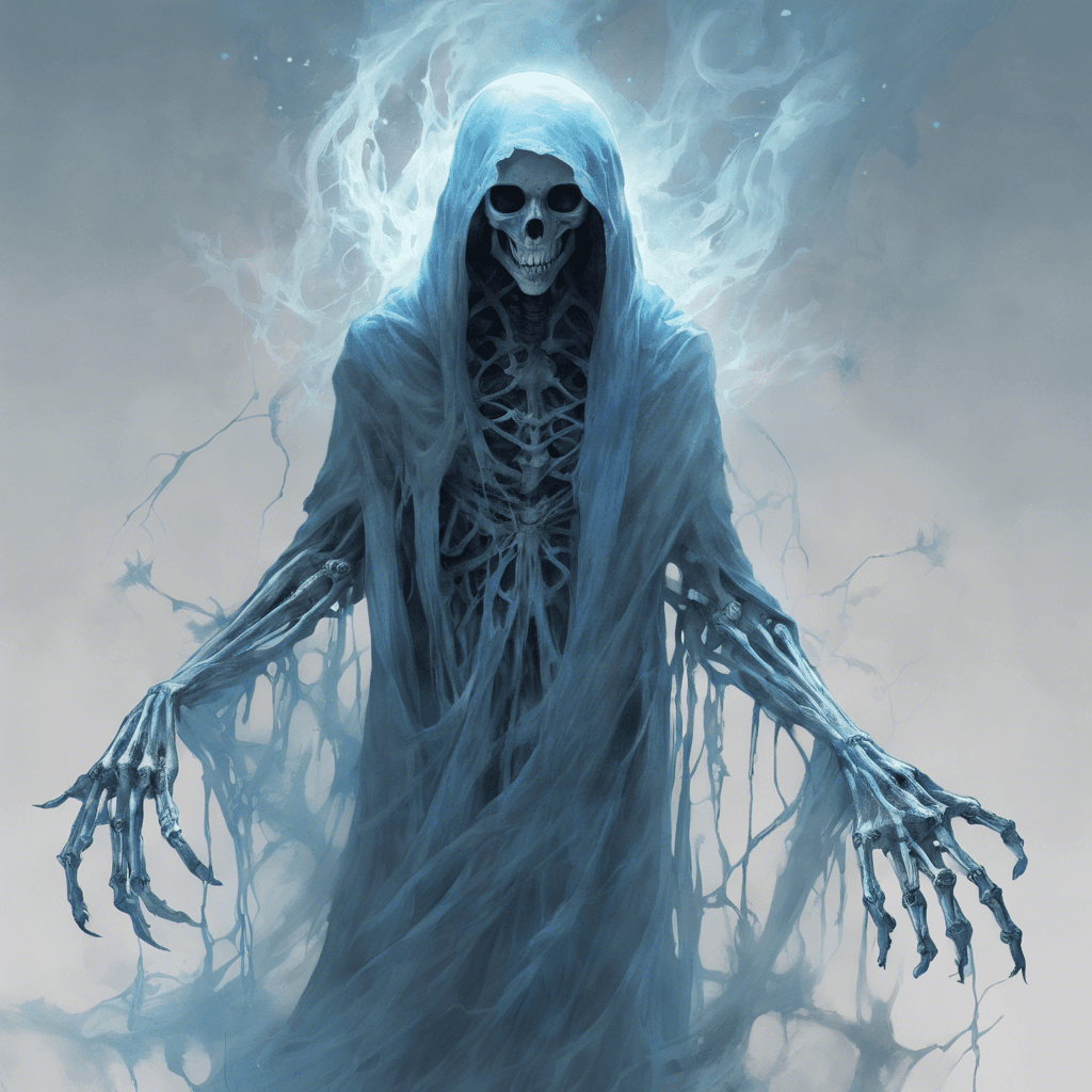 A spectral figure shrouded in tattered robes that flutter without wind, its hollow eyes emitting a cold, blue light. Skeletal hands reach out, fingers ending in ethereal claws.