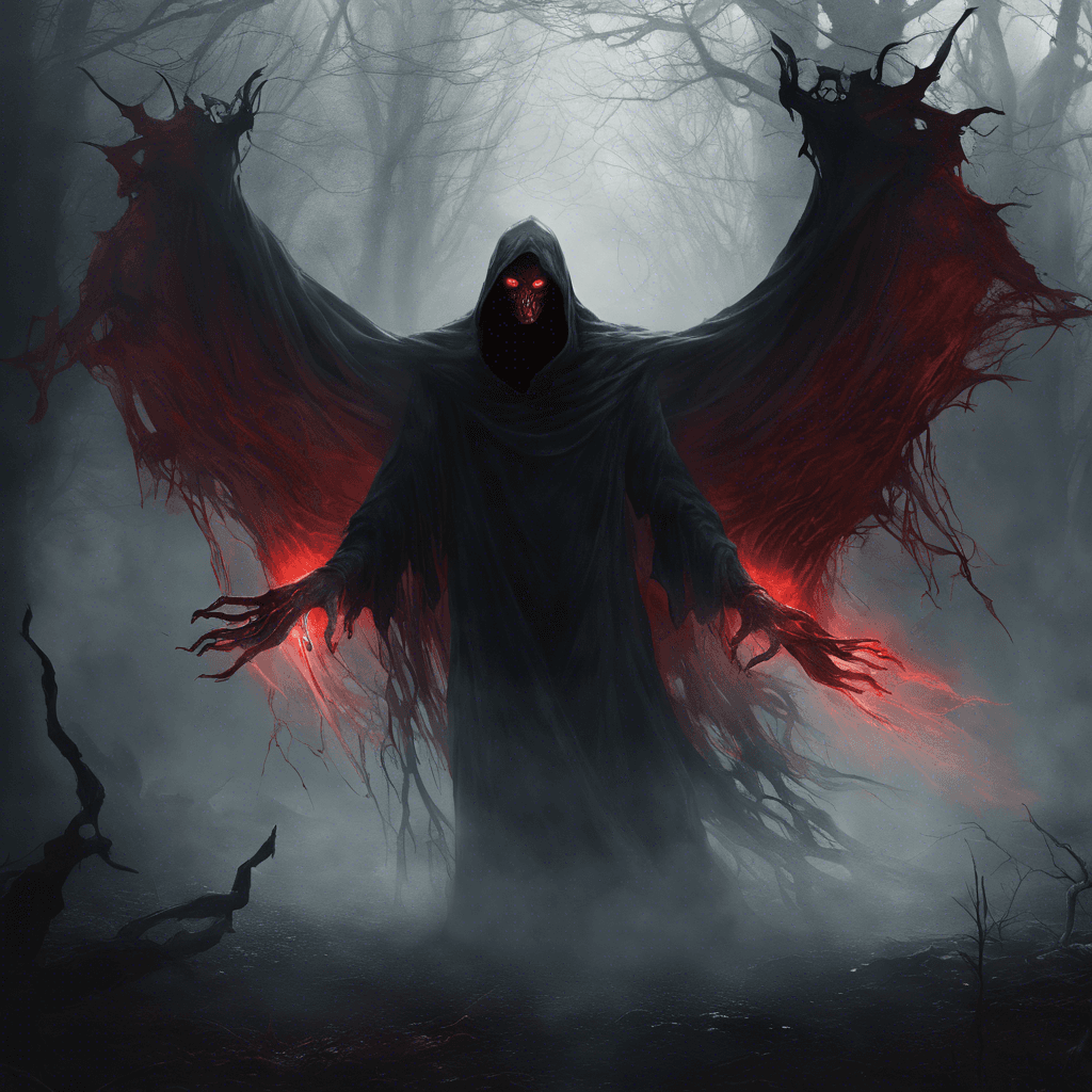 The Specter of Shadows is a malevolent entity cloaked in darkness, its form constantly shifting and shrouded in mist. Its piercing red eyes glow with an otherworldly light as it floats through the air, emitting an eerie wail that chills you to the bone.