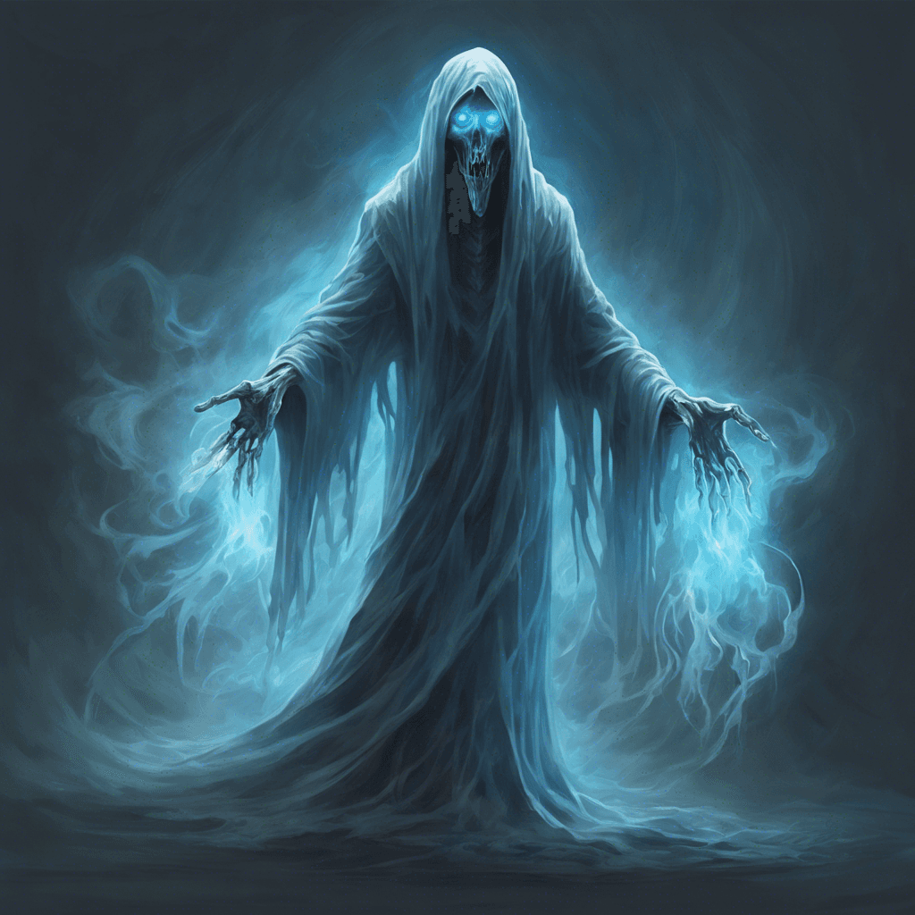 A chilling apparition, translucent and pale, the Spectral Wraith has eyes that glow with a haunting blue light. It moves with an ethereal fluidity, its form shifting and billowing like smoke in a breeze, and an icy aura surrounds it, casting a chill that seeps into the bones.