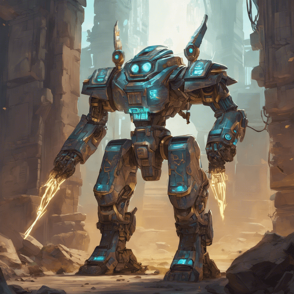 An ancient robotic sentinel, its lithe frame is adorned with the same hieroglyphs that cover the ruins. It has glowing energy cores visible through panels on its chest and arms, and it wields a beam staff capable of emitting powerful blasts.