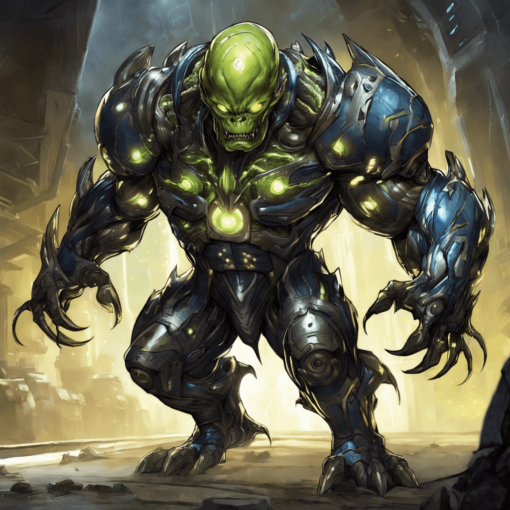 The Xenon Blight is a hulking alien creature covered in hard, metallic armor adorned with pulsating energy nodes. Its three glowing eyes scan the environment with precision, while sharp, serrated claws extend from its massive, muscular arms. The Xenon Blight emits a low, threatening growl as it prepares to attack.