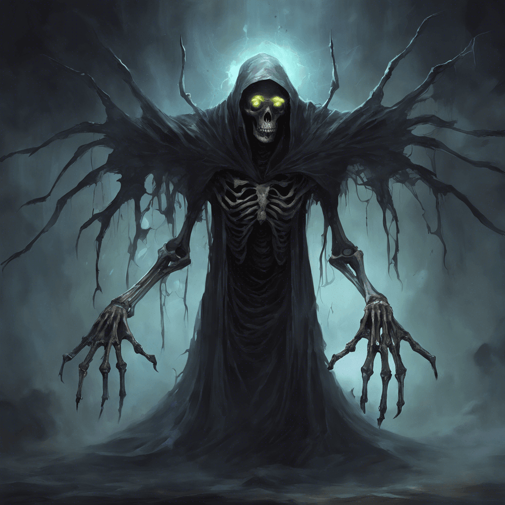 A dark spectral entity with tattered robes floating around a skeletal, translucent frame. Its eyes are glowing pits of despair, and its hands are elongated claws that seem to absorb the light around them.