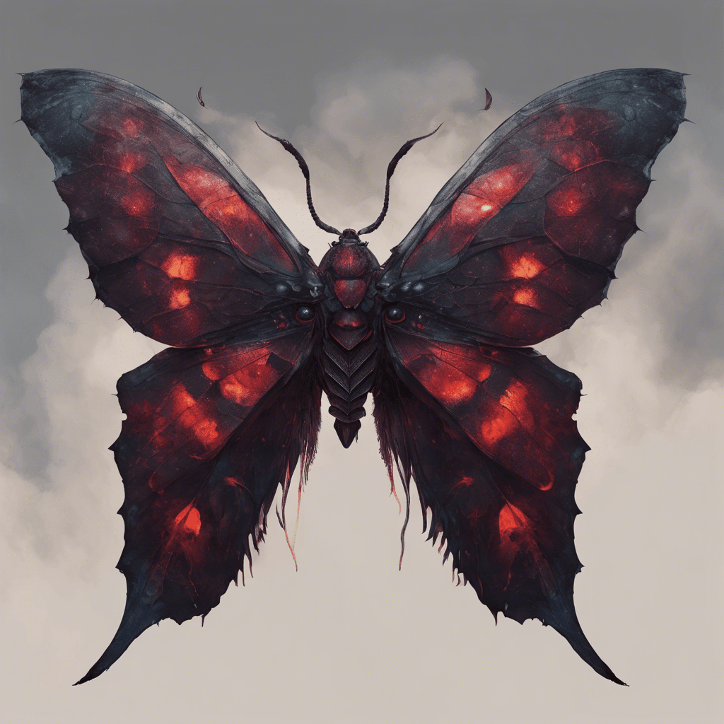 A colossal moth with dark iridescent wings that span wide, its body emanates a strange mist, and its soul-piercing crimson eyes glow ominously. Sharp, obsidian-like tendrils quiver with malice.