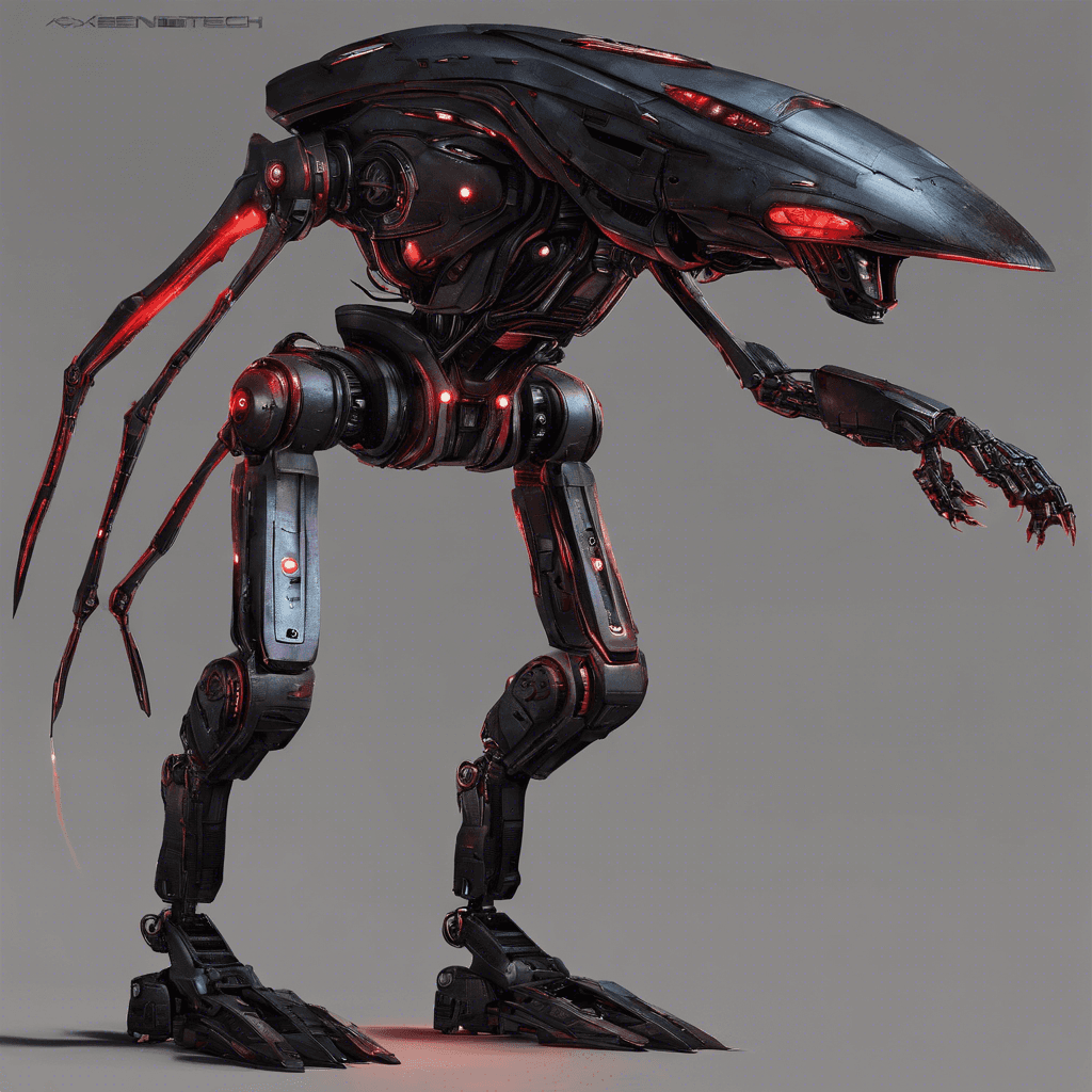 The Xenotech Sentinel is a towering robot of alien design, standing at 10 feet tall. Its body is composed of sleek, metallic plates adorned with glowing runes of unknown origin. Four glowing red eyes scan its surroundings, while its arms end in sharp, retractable blades. It emits a low, menacing hum as it approaches, ready to defend the alien structure at all costs.