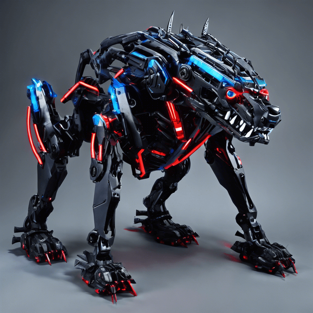 The Cyberhound Enforcer is a quadrupedal robotic beast, its frame constructed of interlocking plates of matte black metal, with sharp angular features that give it an intimidating presence. Blue neon lights run along its structure, giving off a threatening glow in the dim setting. Razor-sharp metal teeth glint from its mechanical jaws and its eyes are red sensors scanning for targets.