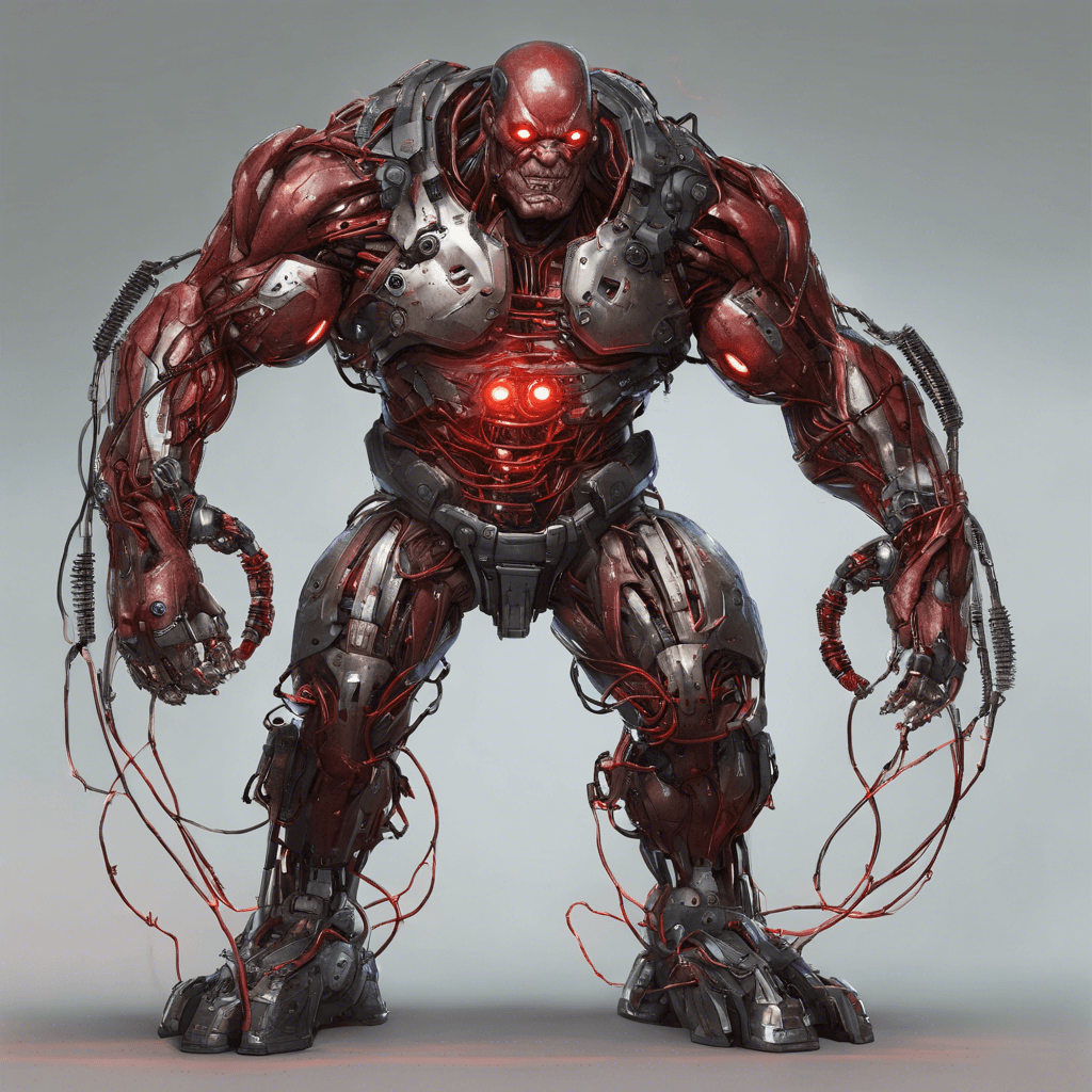 A hulking figure with metal plating grafted onto its skin, eyes glowing red from cybernetic implants, and cybernetic limbs equipped with various weapons and tools. It moves with a heavy, deliberate gait, power cables coiling like veins along its arms.