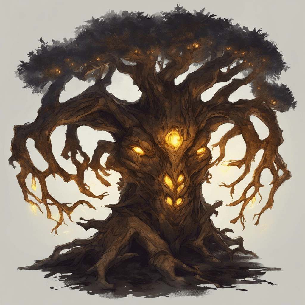 A colossal treant with bark as dark as night, glowing amber eyes, and twisted limbs that crackle with magical energy.